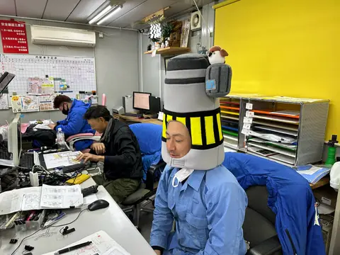 電柱の被り物をして事務所の席に座る社員