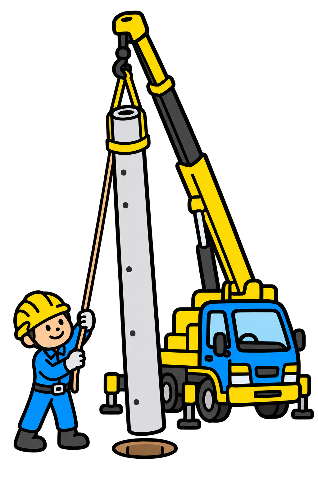 建柱車で電柱を吊り上げ、作業員がロープで誘導して建てるイラスト