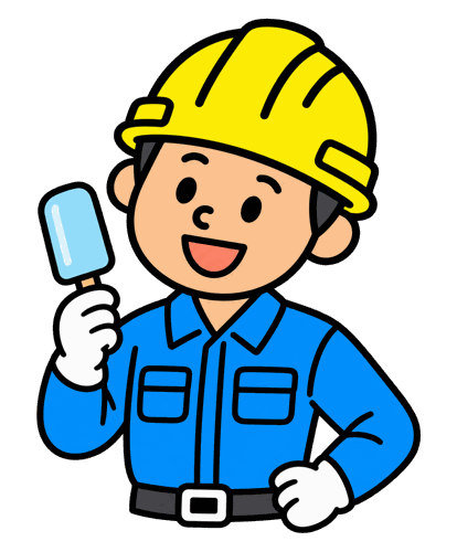 アイスを手に笑顔で休憩する作業員